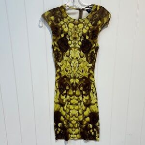 Alexander McQueen Yellow and Brown floral rose mirror print Bodycon Mini Dress S